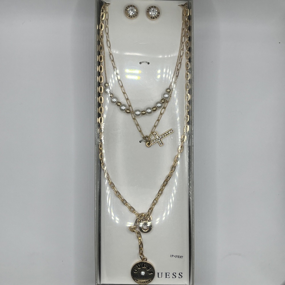 Guess 4 Piece NEW Pendant Layering Necklace & Earring Set‎ Gold Tone Gift Set